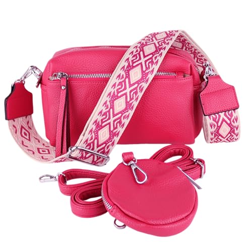 MIRROSI® umhängeTasche inkl. 1x Münzbeutel und 2 Wechselgurte Damen Crossbody Bag, 19x14x8cm Kleine Mittelgroß (verstellbaren Schulterriemen), SchulterTasche fürjeden Anlass (Pink) von MIRROSI