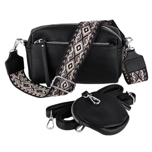 MIRROSI® umhängeTasche inkl. 1x Münzbeutel und 2 Wechselgurte Damen Crossbody Bag, 19x14x8cm Kleine Mittelgroß (verstellbaren Schulterriemen), SchulterTasche fürjeden Anlass (Schwarz) von MIRROSI