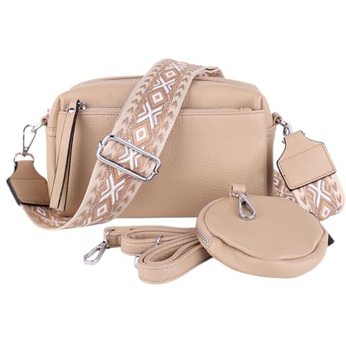 MIRROSI® umhängeTasche inkl. 1x Münzbeutel und 2 Wechselgurte Damen Crossbody Bag, 19x14x8cm Kleine Mittelgroß (verstellbaren Schulterriemen), SchulterTasche fürjeden Anlass (Taupe) von MIRROSI