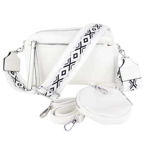 MIRROSI® umhängeTasche inkl. 1x Münzbeutel und 2 Wechselgurte Damen Crossbody Bag, 19x14x8cm Kleine Mittelgroß (verstellbaren Schulterriemen), SchulterTasche fürjeden Anlass (Weiss) von MIRROSI