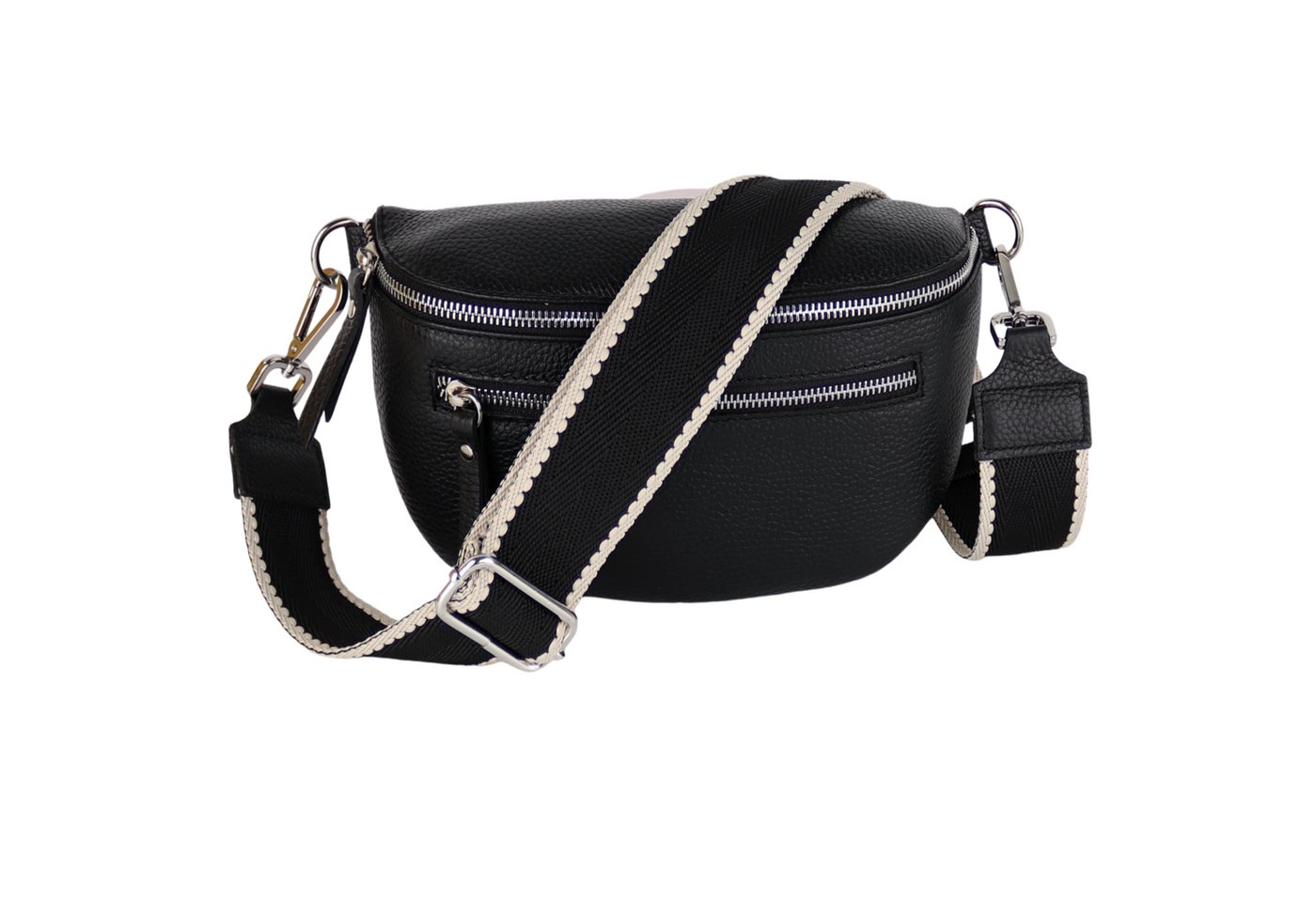 MIRROSI Bauchtasche Damen, Echtleder, Leder, Made in Italy, Umhängetasche, Brusttasche, (Schultertasche für jeden Anlass (1 Tasche & 2 Gurt), Mit zwei Reißverschlüssen, Gr. M 27x14x8 cm oder Gr. L 27x20 x9cm), Schwarz Crossbody Bag, gemusterten& verstellbaren Schulterriemen von MIRROSI