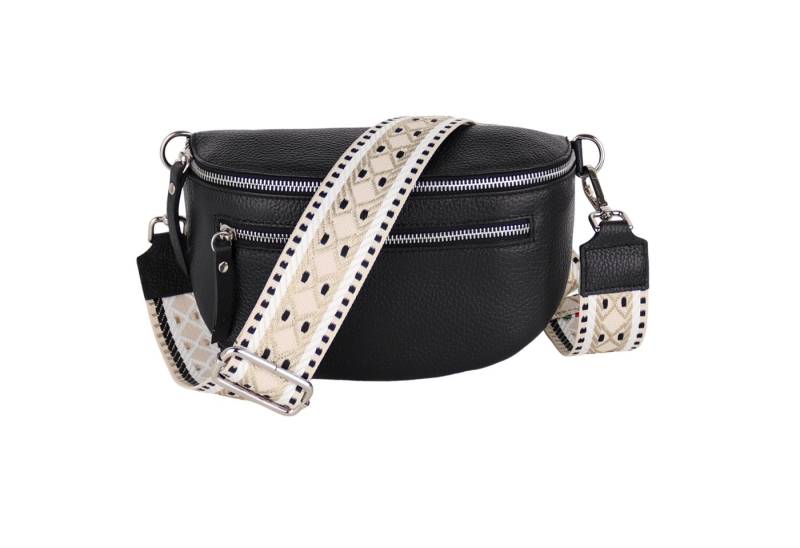 MIRROSI Bauchtasche Damen, Echtleder, Leder, Made in Italy, Umhängetasche, Brusttasche, (Schultertasche für jeden Anlass (1 Tasche & 2 Gurt), Mit zwei Reißverschlüssen, Gr. M 27x14x8 cm oder Gr. L 27x20 x9cm), Schwarz Crossbody Bag, gemusterten& verstellbaren Schulterriemen von MIRROSI