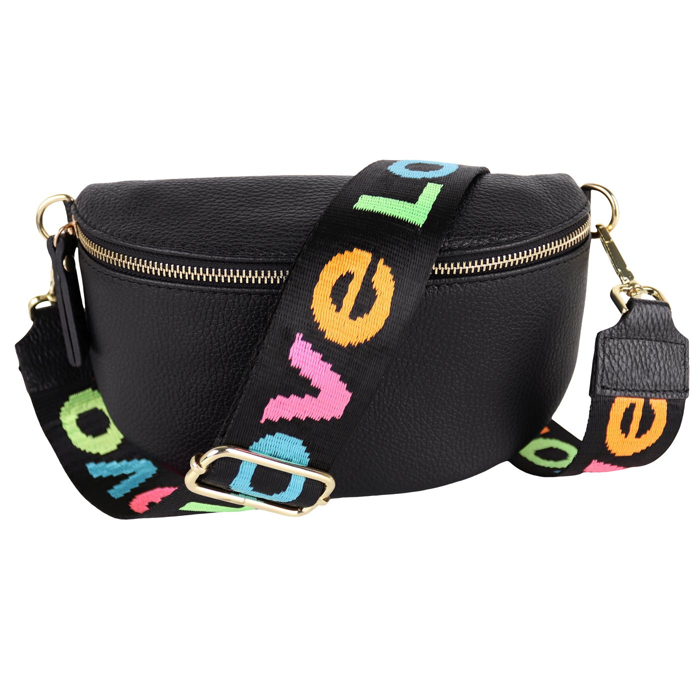 MIRROSI Bauchtasche Damen, Echtleder, Leder, Made in Italy, Umhängetasche, Brusttasche, (Schultertasche für jeden Anlass (1 Tasche & 2 Gurte), 3 Größen auswählbar, Goldene Karabiner), Crossbody Bag, Schwarz, gemusterten& verstellbaren Schulterriemen von MIRROSI