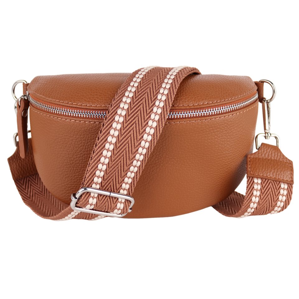 MIRROSI Bauchtasche Damen, Echtleder, Leder, Made in Italy, Umhängetasche, Brusttasche, (Schultertasche für jeden Anlass (1 Tasche & 2 Gurte), Damen Taschen, 3 Größen auswählbar), Crossbody Bag, Cognac Braun, verstellbaren Schulterriemen von MIRROSI