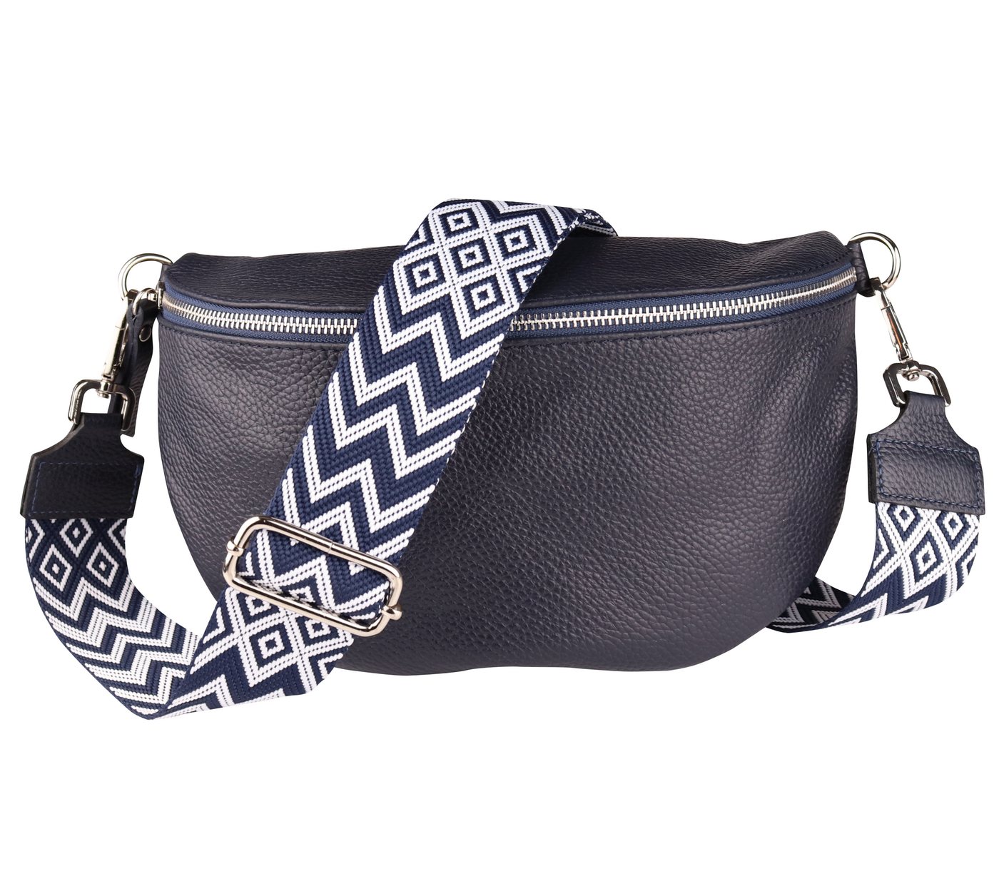 MIRROSI Bauchtasche Damen, Echtleder, Made in Italy, Umhängetasche, Brusttasche, (Schultertasche für jeden Anlass (1 Tasche & 2 Gurte), Crossbody Bag, Navy, gemusterten& verstellbaren Schulterriemen von MIRROSI