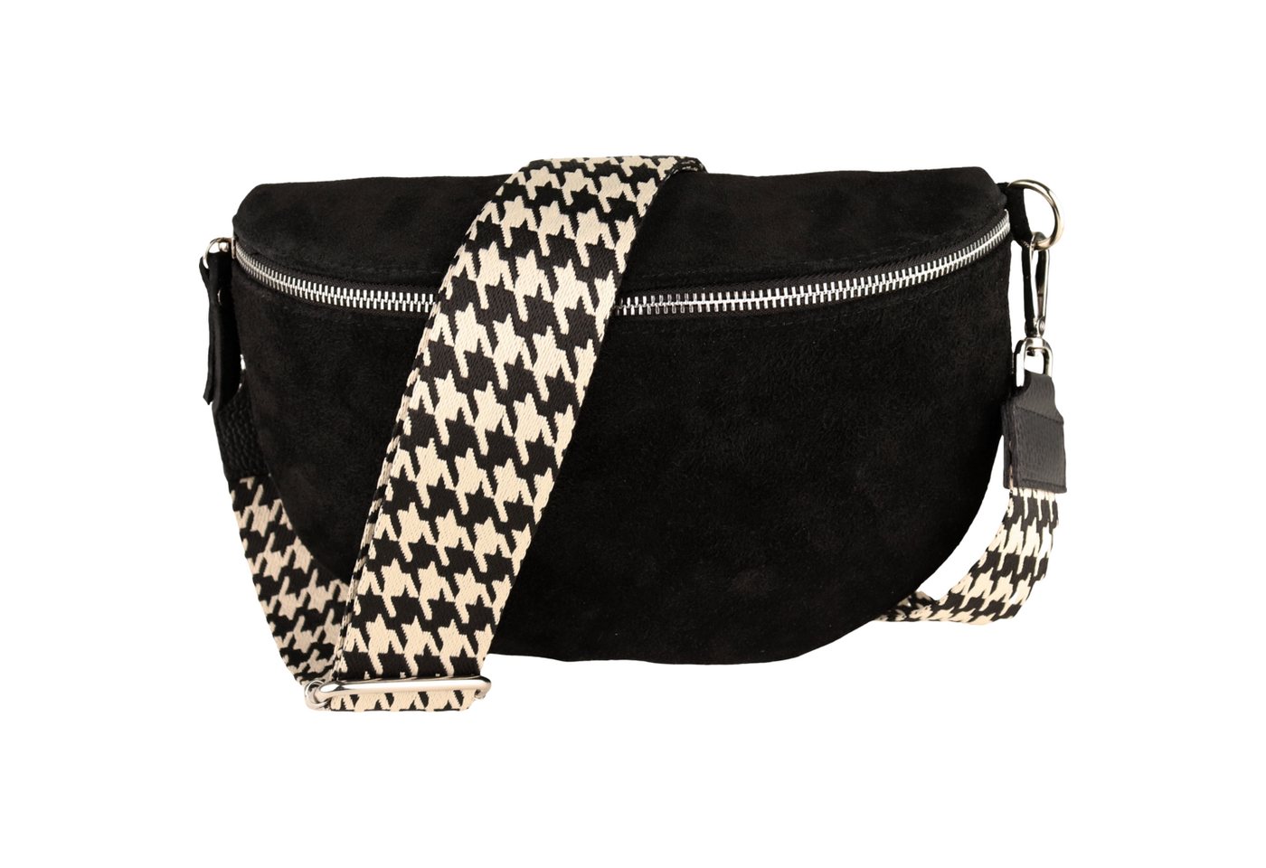 MIRROSI Bauchtasche Damen, Veloursleder, Made in Italy,Umhängetasche, Brusttasche (Schultertasche für jeden Anlass, 28x18x9 cm), Crossbody Bag, Schwarz, gemusterten& verstellbaren Schulterriemen von MIRROSI