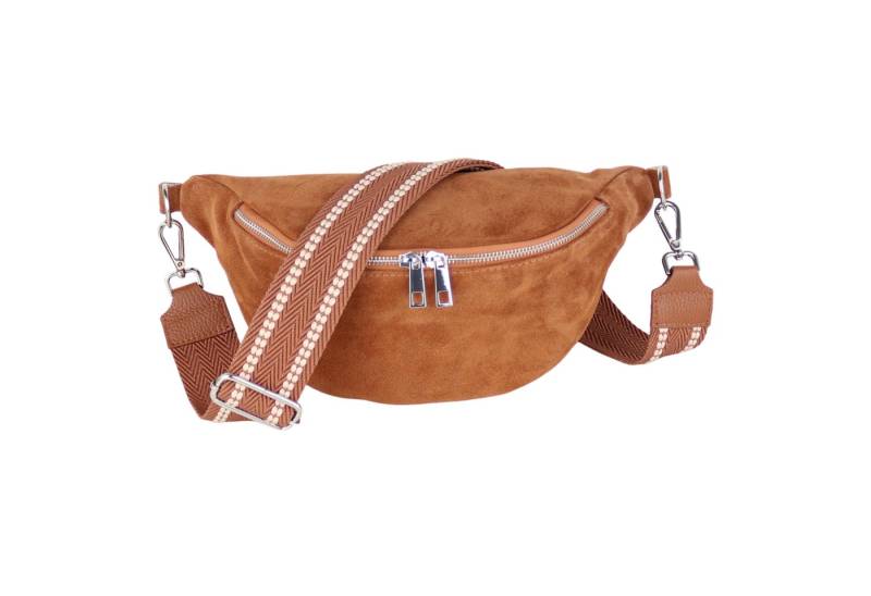 MIRROSI Bauchtasche Damen, Wildleder, Made in Italy, Umhängetasche, Brusttasche (Boho Style Schultertasche für jeden Anlass (1 Tasche & 2 Gurt), 33x18x12cm, Reißverschlussfach auf der Rückseite), Crossbody Bag, Schulterriemen Länge verstellbar von MIRROSI