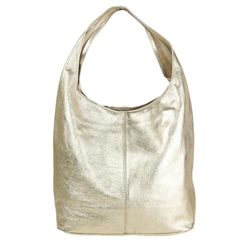 MIRROSI Beuteltasche Damen aus Echtleder – Made in Italy – Shopper & Tragetasche 33x32x16 cm – Handtasche mit viel Stauraum – Leder Schultertasche (Metalic Gold) von MIRROSI