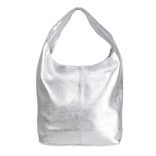 Beuteltasche Damen aus Echtleder – Made in Italy – Shopper & Tragetasche 33x32x16 cm – Handtasche mit viel Stauraum – Leder Schultertasche (Metalic Silber) von MIRROSI
