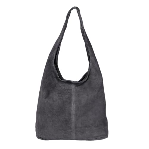 Beuteltasche Damen aus Echtleder – Made in Italy – Shopper & Tragetasche 33x32x16 cm – Handtasche mit viel Stauraum – Leder Schultertasche (Wildleder: Dunkelgrau) von MIRROSI