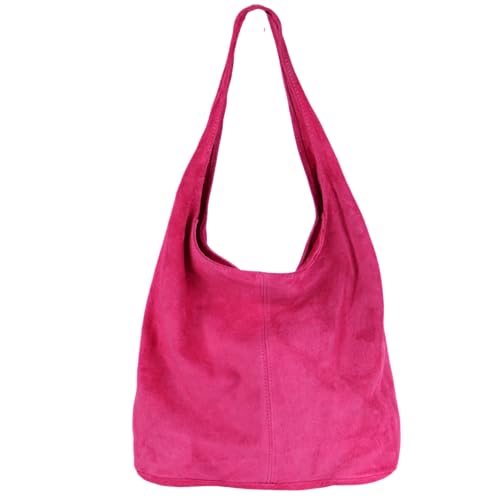Beuteltasche Damen aus Echtleder – Made in Italy – Shopper & Tragetasche 33x32x16 cm – Handtasche mit viel Stauraum – Leder Schultertasche (Wildleder: Pink) von MIRROSI