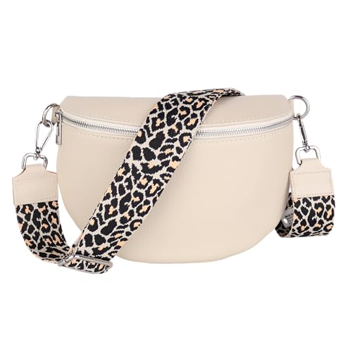 MIRROSI Damen Bauchtasche aus Echtleder, Made in Italy. Als Umhängetasche, Brust- oder Schultertasche tragbar, 26x20x8 cm, Reißverschlussfach hinten. (Beige: Leo) von MIRROSI