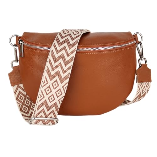 MIRROSI Damen Bauchtasche aus Echtleder, Made in Italy. Als Umhängetasche, Brust- oder Schultertasche tragbar, 26x20x8 cm, Reißverschlussfach hinten. (Cognac: Boho) von MIRROSI