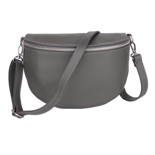 MIRROSI Damen Bauchtasche aus Echtleder, Made in Italy. Als Umhängetasche, Brust- oder Schultertasche tragbar, 26x20x8 cm, Reißverschlussfach hinten. (Dunkelgrau Basic Version) von MIRROSI