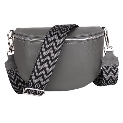 MIRROSI Damen Bauchtasche aus Echtleder, Made in Italy. Als Umhängetasche, Brust- oder Schultertasche tragbar, 26x20x8 cm, Reißverschlussfach hinten. (Dunkelgrau: Boho) von MIRROSI