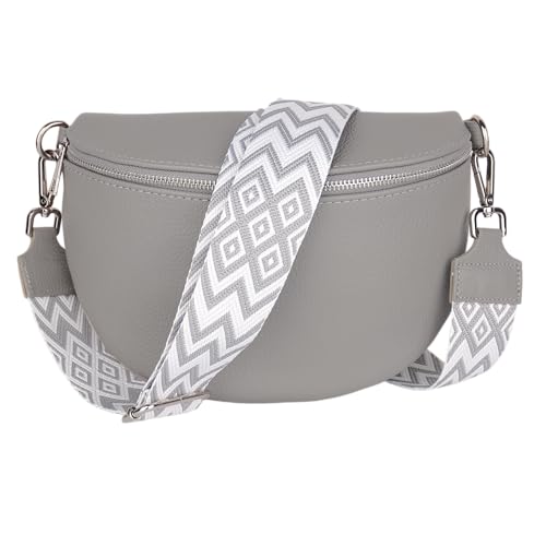MIRROSI Damen Bauchtasche aus Echtleder, Made in Italy. Als Umhängetasche, Brust- oder Schultertasche tragbar, 26x20x8 cm, Reißverschlussfach hinten. (Grau: Boho) von MIRROSI