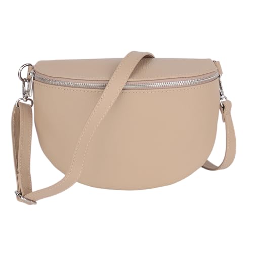 MIRROSI Damen Bauchtasche aus Echtleder, Made in Italy. Als Umhängetasche, Brust- oder Schultertasche tragbar, 26x20x8 cm, Reißverschlussfach hinten. (Helltaupe Basic Version) von MIRROSI
