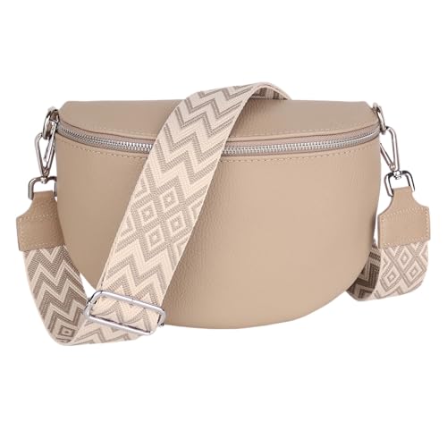 MIRROSI Damen Bauchtasche aus Echtleder, Made in Italy. Als Umhängetasche, Brust- oder Schultertasche tragbar, 26x20x8 cm, Reißverschlussfach hinten. (Helltaupe: Boho) von MIRROSI