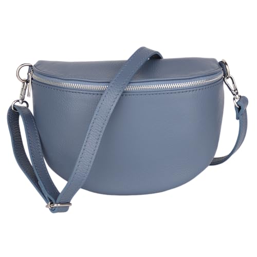MIRROSI Damen Bauchtasche aus Echtleder, Made in Italy. Als Umhängetasche, Brust- oder Schultertasche tragbar, 26x20x8 cm, Reißverschlussfach hinten. (Jeansblau Basic Version) von MIRROSI