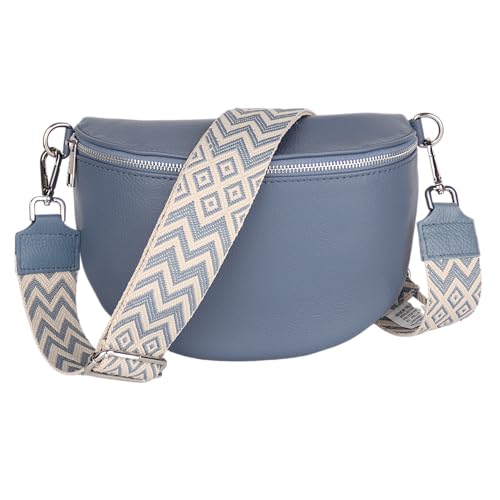 MIRROSI Damen Bauchtasche aus Echtleder, Made in Italy. Als Umhängetasche, Brust- oder Schultertasche tragbar, 26x20x8 cm, Reißverschlussfach hinten. (Jeansblau: Boho) von MIRROSI