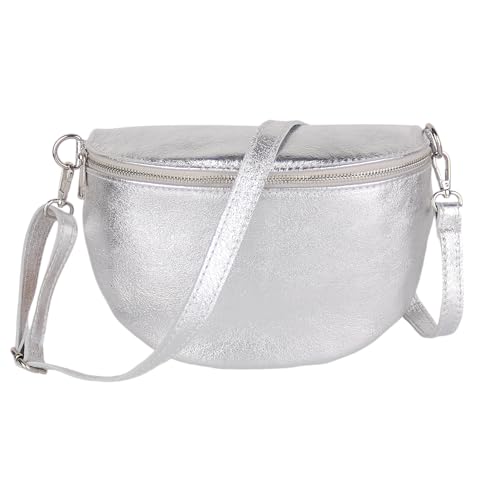 MIRROSI Damen Bauchtasche aus Echtleder, Made in Italy. Als Umhängetasche, Brust- oder Schultertasche tragbar, 26x20x8 cm, Reißverschlussfach hinten. (Metalic Silber Basic Version) von MIRROSI