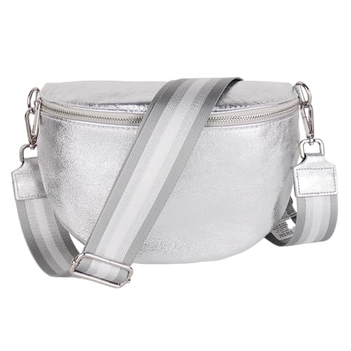 MIRROSI Damen Bauchtasche aus Echtleder, Made in Italy. Als Umhängetasche, Brust- oder Schultertasche tragbar, 26x20x8 cm, Reißverschlussfach hinten. (Metalic Silber: Glitzer) von MIRROSI
