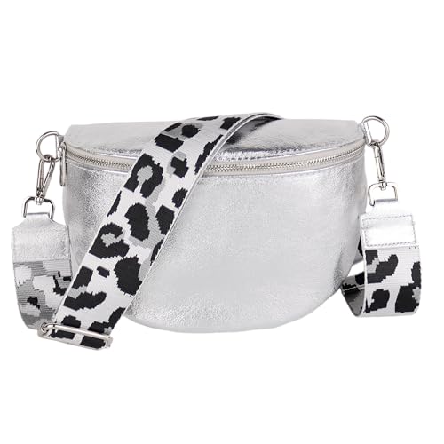 MIRROSI Damen Bauchtasche aus Echtleder, Made in Italy. Als Umhängetasche, Brust- oder Schultertasche tragbar, 26x20x8 cm, Reißverschlussfach hinten. (Metalic Silber: Leo) von MIRROSI