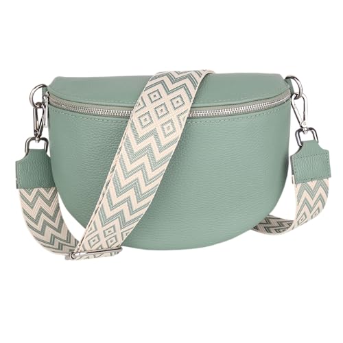 MIRROSI Damen Bauchtasche aus Echtleder, Made in Italy. Als Umhängetasche, Brust- oder Schultertasche tragbar, 26x20x8 cm, Reißverschlussfach hinten. (Mint: Boho) von MIRROSI