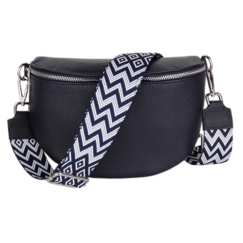 MIRROSI Damen Bauchtasche aus Echtleder, Made in Italy. Als Umhängetasche, Brust- oder Schultertasche tragbar, 26x20x8 cm, Reißverschlussfach hinten. (Navy: Boho) von MIRROSI