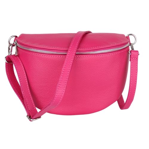 MIRROSI Damen Bauchtasche aus Echtleder, Made in Italy. Als Umhängetasche, Brust- oder Schultertasche tragbar, 26x20x8 cm, Reißverschlussfach hinten. (Pink Basic Version) von MIRROSI