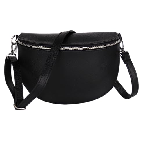 MIRROSI Damen Bauchtasche aus Echtleder, Made in Italy. Als Umhängetasche, Brust- oder Schultertasche tragbar, 26x20x8 cm, Reißverschlussfach hinten. (Schwarz Basic Version) von MIRROSI