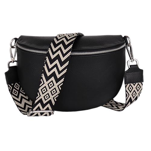 MIRROSI Damen Bauchtasche aus Echtleder, Made in Italy. Als Umhängetasche, Brust- oder Schultertasche tragbar, 26x20x8 cm, Reißverschlussfach hinten. (Schwarz: Boho) von MIRROSI