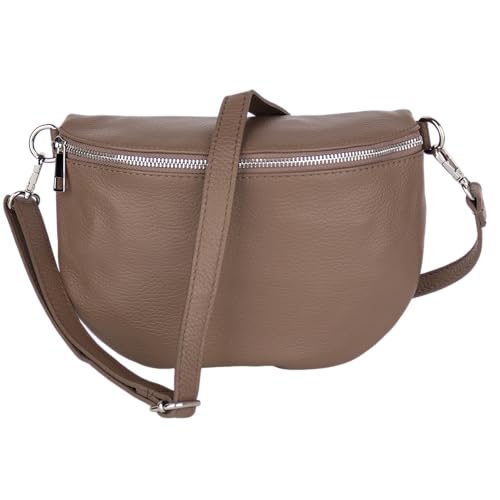MIRROSI Damen Bauchtasche aus Echtleder, Made in Italy. Als Umhängetasche, Brust- oder Schultertasche tragbar, 26x20x8 cm, Reißverschlussfach hinten. (Taupe Basic Version) von MIRROSI