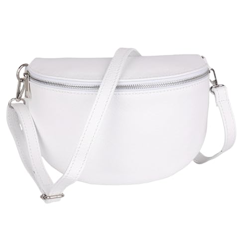 MIRROSI Damen Bauchtasche aus Echtleder, Made in Italy. Als Umhängetasche, Brust- oder Schultertasche tragbar, 26x20x8 cm, Reißverschlussfach hinten. (Weiß Basic Version) von MIRROSI