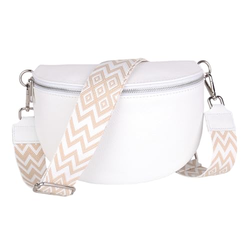 MIRROSI Damen Bauchtasche aus Echtleder, Made in Italy. Als Umhängetasche, Brust- oder Schultertasche tragbar, 26x20x8 cm, Reißverschlussfach hinten. (Weiß: Boho) von MIRROSI