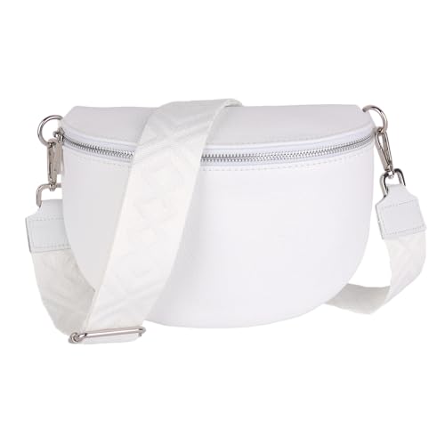 MIRROSI Damen Bauchtasche aus Echtleder, Made in Italy. Als Umhängetasche, Brust- oder Schultertasche tragbar, 26x20x8 cm, Reißverschlussfach hinten. (Weiß: Fischgrät) von MIRROSI
