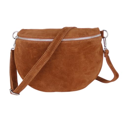 MIRROSI Damen Bauchtasche aus Wildleder, Made in Italy. Als Umhängetasche, Brust- oder Schultertasche tragbar, 26x20x8 cm, Reißverschlussfach hinten. (Basic Version: Wildleder Congac) von MIRROSI