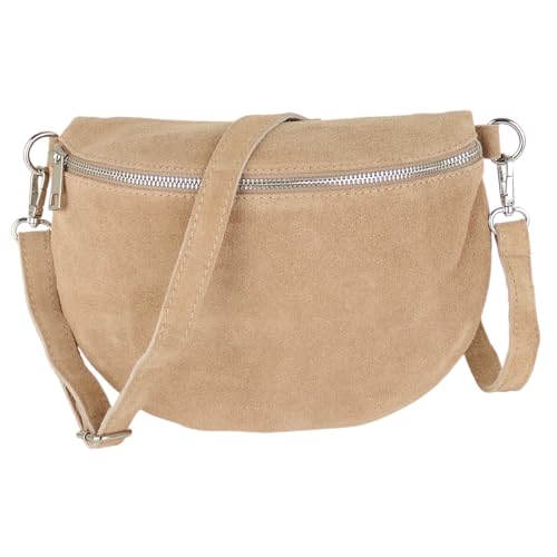 MIRROSI Damen Bauchtasche aus Wildleder, Made in Italy. Als Umhängetasche, Brust- oder Schultertasche tragbar, 26x20x8 cm, Reißverschlussfach hinten. (Basic Version: Wildleder Dunkelbeige) von MIRROSI