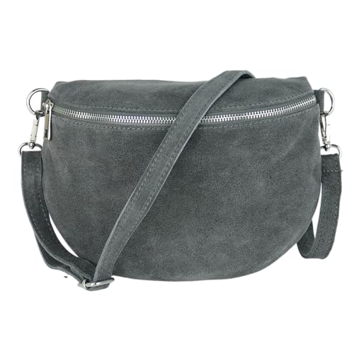MIRROSI Damen Bauchtasche aus Wildleder, Made in Italy. Als Umhängetasche, Brust- oder Schultertasche tragbar, 26x20x8 cm, Reißverschlussfach hinten. (Basic Version: Wildleder Dunkelgrau) von MIRROSI