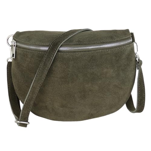 MIRROSI Damen Bauchtasche aus Wildleder, Made in Italy. Als Umhängetasche, Brust- oder Schultertasche tragbar, 26x20x8 cm, Reißverschlussfach hinten. (Basic Version: Wildleder Khaki) von MIRROSI