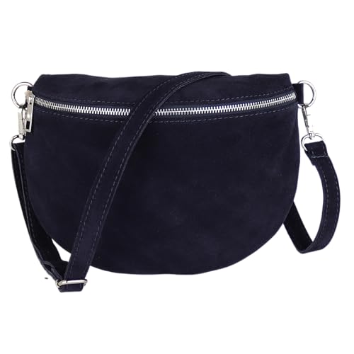 MIRROSI Damen Bauchtasche aus Wildleder, Made in Italy. Als Umhängetasche, Brust- oder Schultertasche tragbar, 26x20x8 cm, Reißverschlussfach hinten. (Basic Version: Wildleder Navy) von MIRROSI