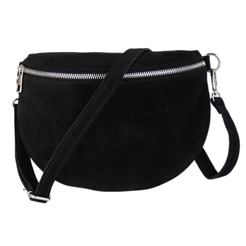 MIRROSI Damen Bauchtasche aus Wildleder, Made in Italy. Als Umhängetasche, Brust- oder Schultertasche tragbar, 26x20x8 cm, Reißverschlussfach hinten. (Basic Version: Wildleder Schwarz) von MIRROSI