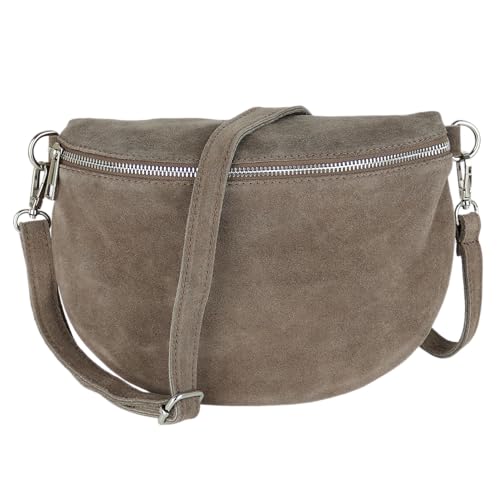 MIRROSI Damen Bauchtasche aus Wildleder, Made in Italy. Als Umhängetasche, Brust- oder Schultertasche tragbar, 26x20x8 cm, Reißverschlussfach hinten. (Basic Version: Wildleder Taupe) von MIRROSI