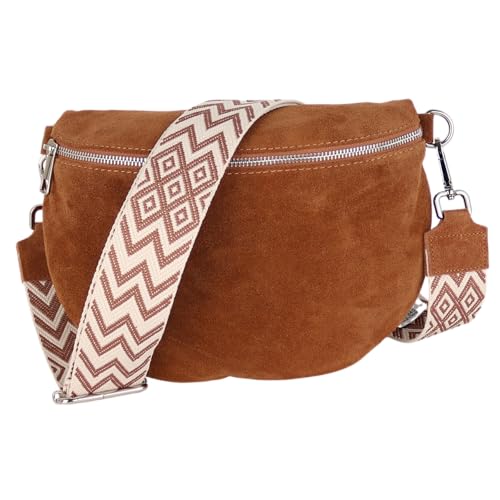 MIRROSI Damen Bauchtasche aus Wildleder, Made in Italy. Als Umhängetasche, Brust- oder Schultertasche tragbar, 26x20x8 cm, Reißverschlussfach hinten. (Upgrade Version: Wildleder Cognac Boho) von MIRROSI