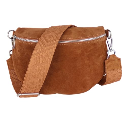 MIRROSI Damen Bauchtasche aus Wildleder, Made in Italy. Als Umhängetasche, Brust- oder Schultertasche tragbar, 26x20x8 cm, Reißverschlussfach hinten. (Upgrade Version: Wildleder Cognac Fischgrät) von MIRROSI