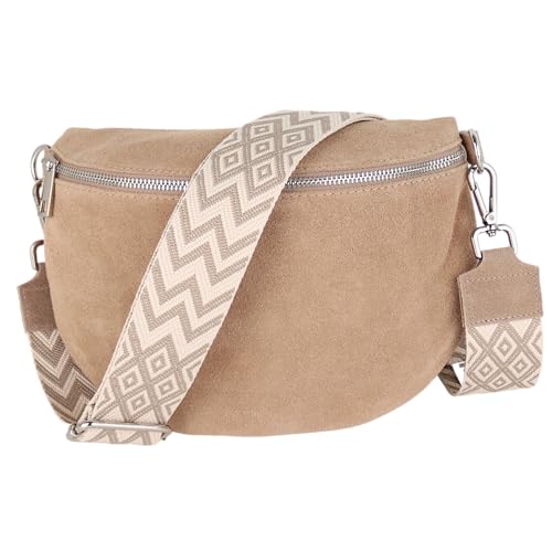 MIRROSI Damen Bauchtasche aus Wildleder, Made in Italy. Als Umhängetasche, Brust- oder Schultertasche tragbar, 26x20x8 cm, Reißverschlussfach hinten. (Upgrade Version: Wildleder Dunkelbeige Boho) von MIRROSI