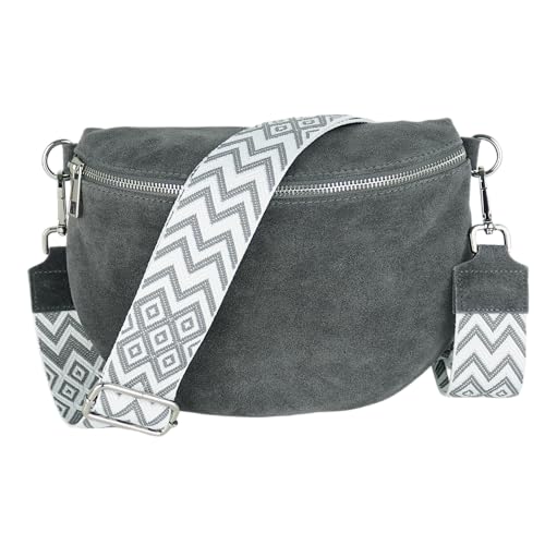 MIRROSI Damen Bauchtasche aus Wildleder, Made in Italy. Als Umhängetasche, Brust- oder Schultertasche tragbar, 26x20x8 cm, Reißverschlussfach hinten. (Upgrade Version: Wildleder Dunkelgrau Boho) von MIRROSI