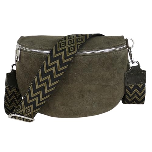 MIRROSI Damen Bauchtasche aus Wildleder, Made in Italy. Als Umhängetasche, Brust- oder Schultertasche tragbar, 26x20x8 cm, Reißverschlussfach hinten. (Upgrade Version: Wildleder Khaki Boho) von MIRROSI