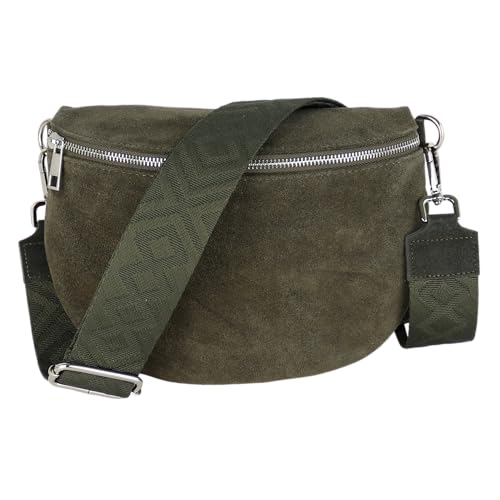 MIRROSI Damen Bauchtasche aus Wildleder, Made in Italy. Als Umhängetasche, Brust- oder Schultertasche tragbar, 26x20x8 cm, Reißverschlussfach hinten. (Upgrade Version: Wildleder Khaki Fischgrät) von MIRROSI