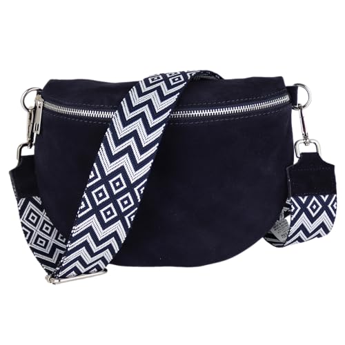 MIRROSI Damen Bauchtasche aus Wildleder, Made in Italy. Als Umhängetasche, Brust- oder Schultertasche tragbar, 26x20x8 cm, Reißverschlussfach hinten. (Upgrade Version: Wildleder Navy Boho) von MIRROSI